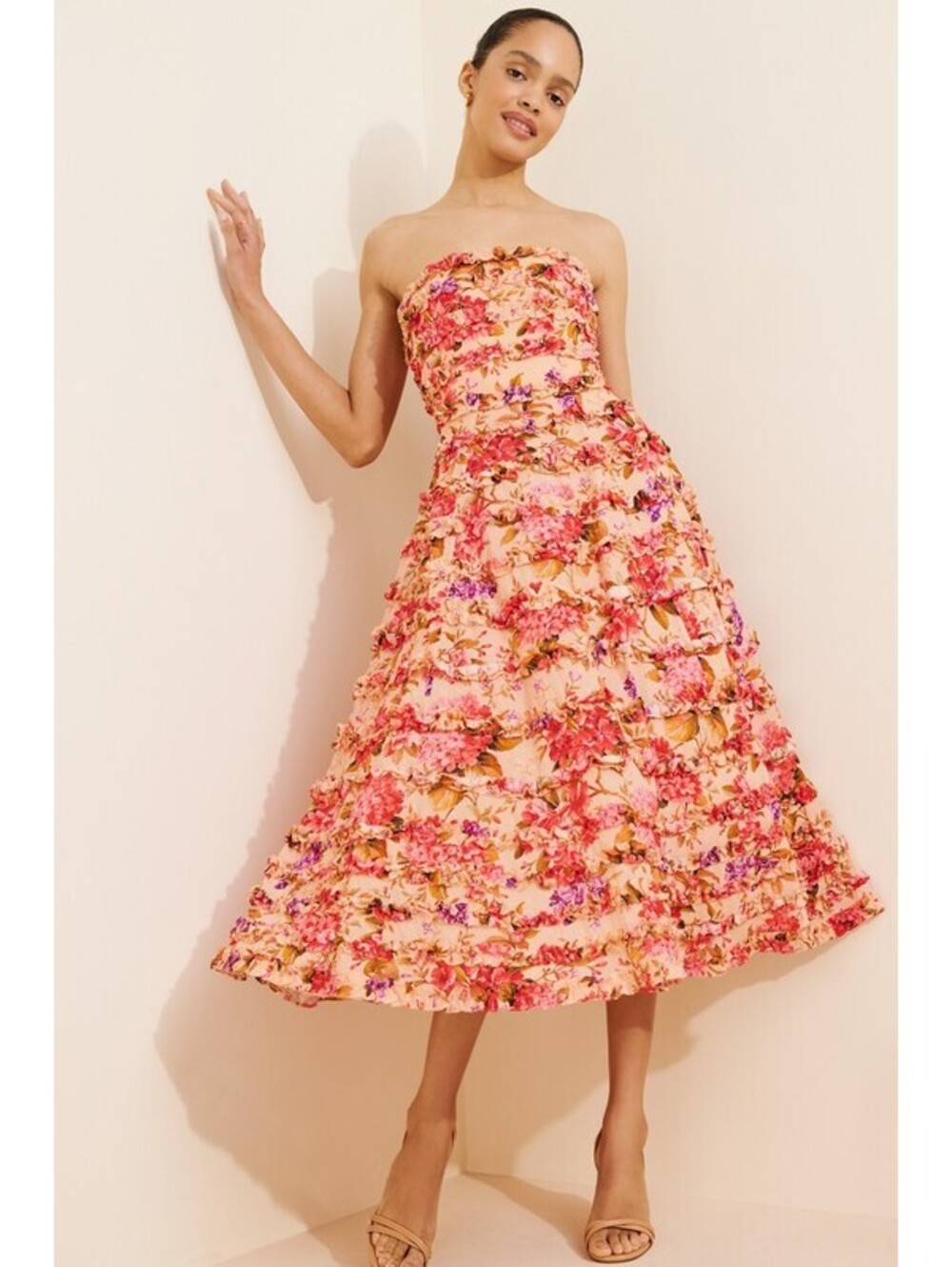 Anthropologie x Mac Duggal - Strapless Floral Midi Dress with Ruffles, Size 4